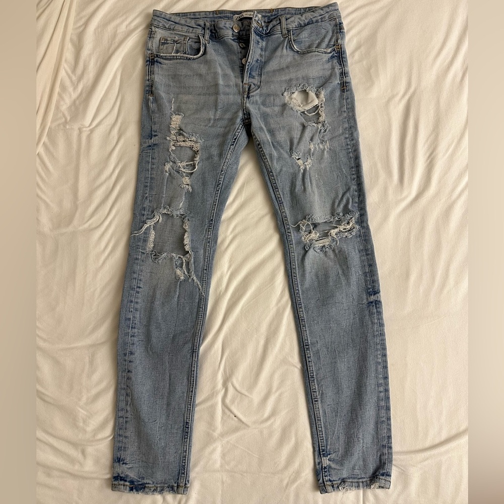 Zara Cropped Ripped Skinny Mens Blue Jeans Size 44 (34 waist)